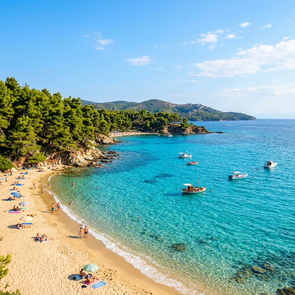 Zlatá pláž na Chalkidiki obklopená piniovým lesem